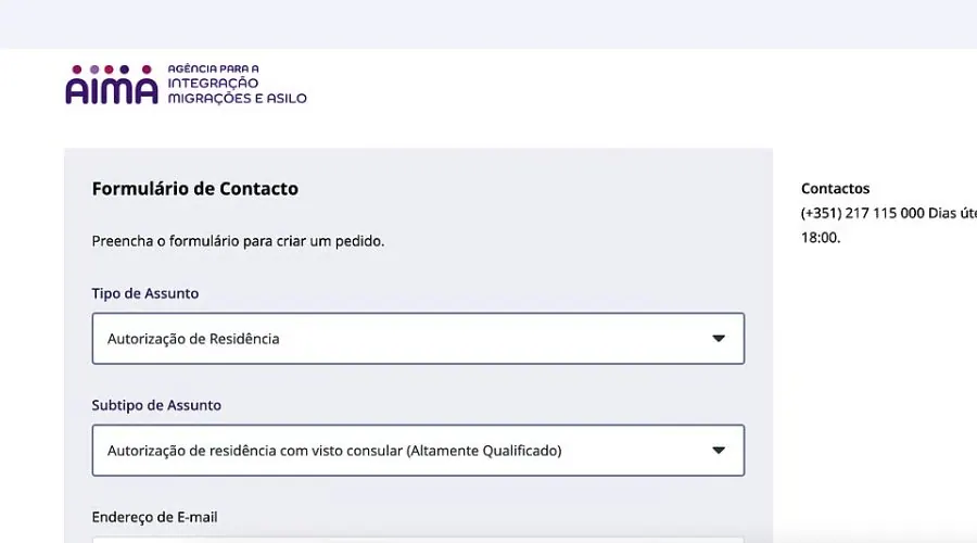 Formulario de contacto de AIMA con Tipo de Assunto «Autorização de Residência» y Subtipo «Autorização de residência com visto consular (Altamente Qualificado)»