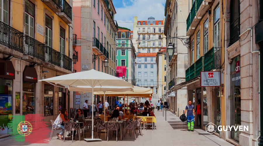 Lisbon street scene — tram tracks, azulejo tiles, and urban life